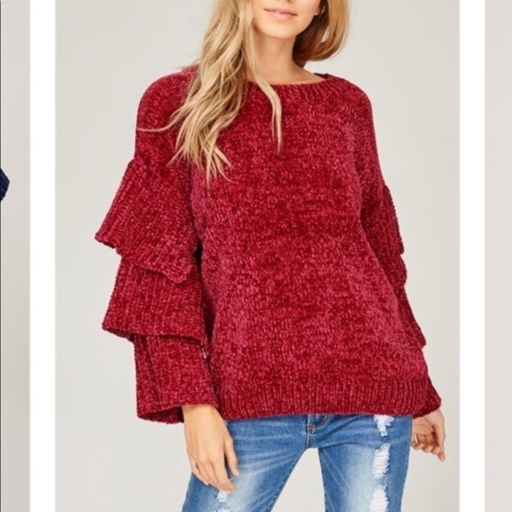 Chenille Pullover Knit Sweater-WINE
